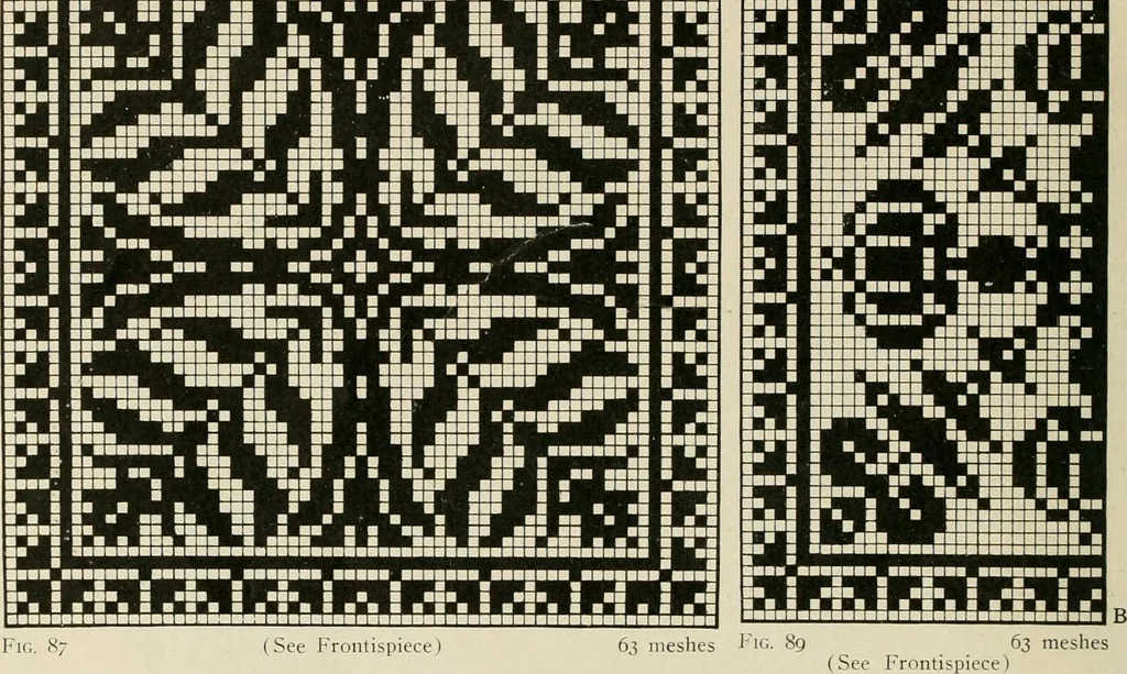 An illustration from The Priscilla netting book, containing full directions for making square and circular netting, and for the various stitches with which netting is ornamented, also a great number of finished pieces in the different varieties of netting and filet brodé, 1914, leaf 39