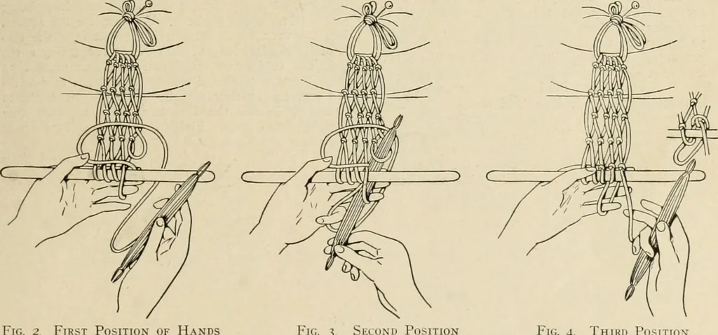 An illustration from The Priscilla netting book, containing full directions for making square and circular netting, and for the various stitches with which netting is ornamented, also a great number of finished pieces in the different varieties of netting and filet brodé, 1914, leaf 4