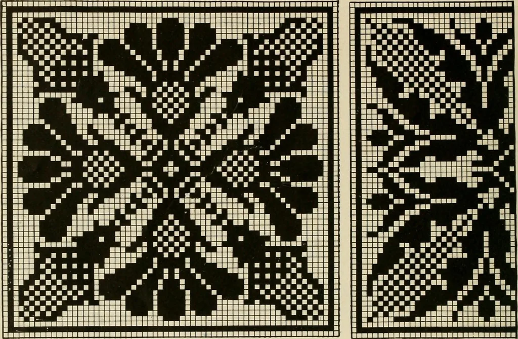 An illustration from The Priscilla netting book, containing full directions for making square and circular netting, and for the various stitches with which netting is ornamented, also a great number of finished pieces in the different varieties of netting and filet brodé, 1914, leaf 41