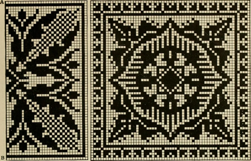 An illustration from The Priscilla netting book, containing full directions for making square and circular netting, and for the various stitches with which netting is ornamented, also a great number of finished pieces in the different varieties of netting and filet brodé, 1914, leaf 42