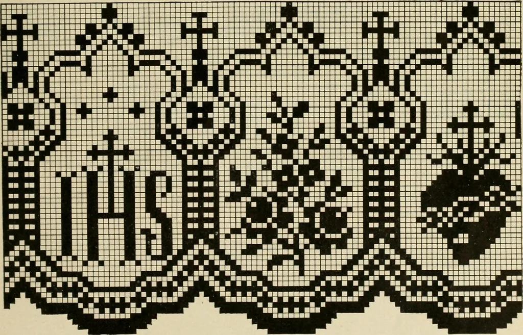 An illustration from The Priscilla netting book, containing full directions for making square and circular netting, and for the various stitches with which netting is ornamented, also a great number of finished pieces in the different varieties of netting and filet brodé, 1914, leaf 42
