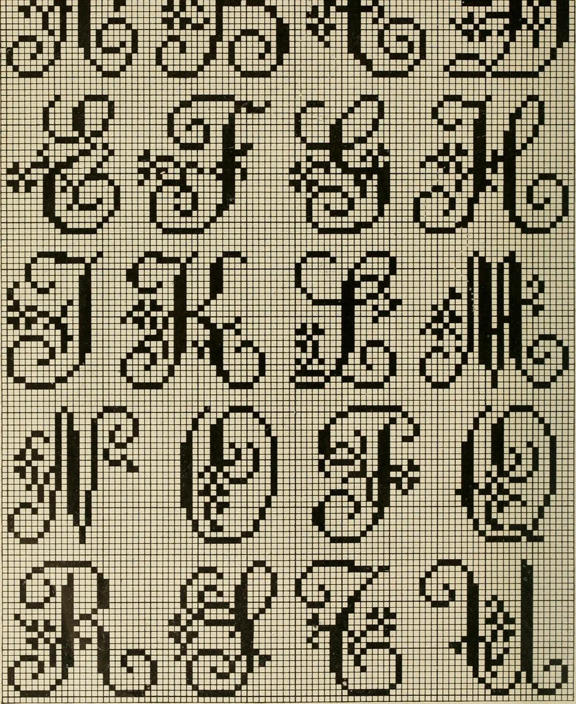 An illustration from The Priscilla netting book, containing full directions for making square and circular netting, and for the various stitches with which netting is ornamented, also a great number of finished pieces in the different varieties of netting and filet brodé, 1914, leaf 45