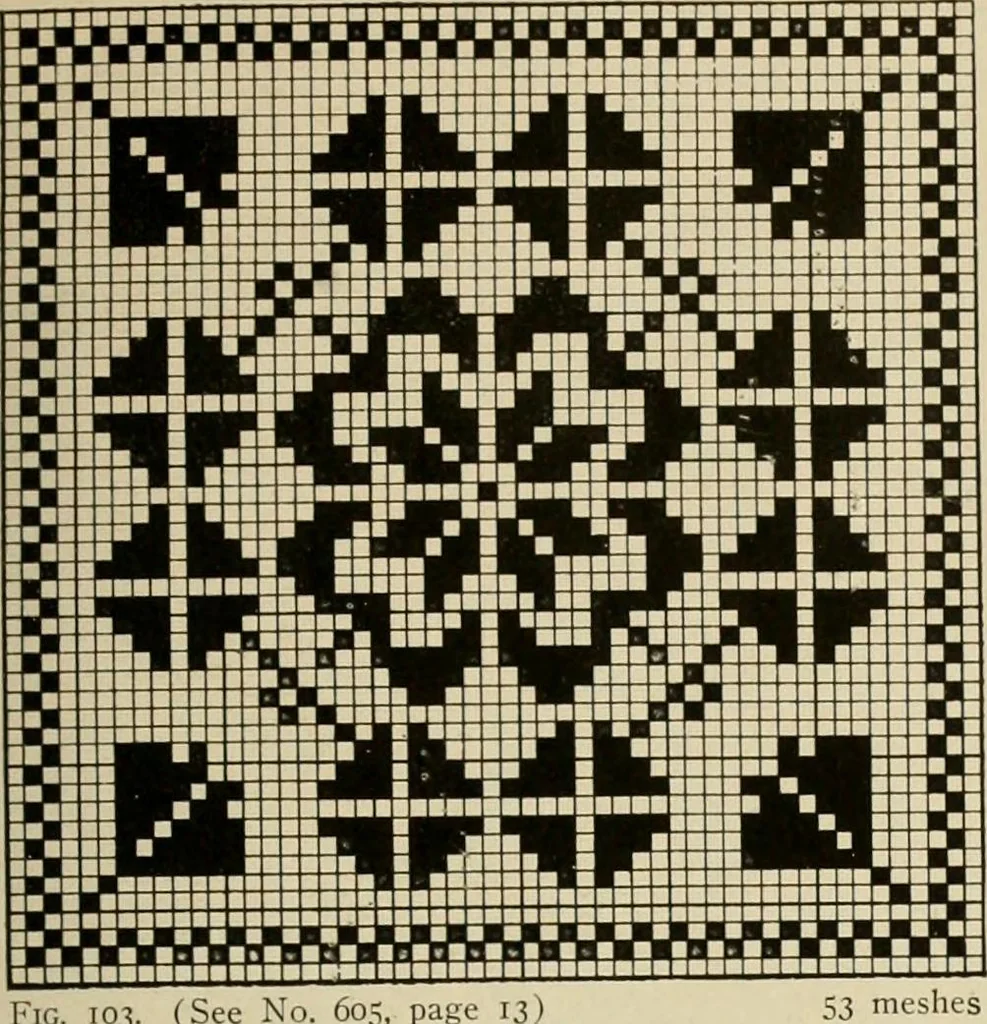 An illustration from The Priscilla netting book, containing full directions for making square and circular netting, and for the various stitches with which netting is ornamented, also a great number of finished pieces in the different varieties of netting and filet brodé, 1914, leaf 46