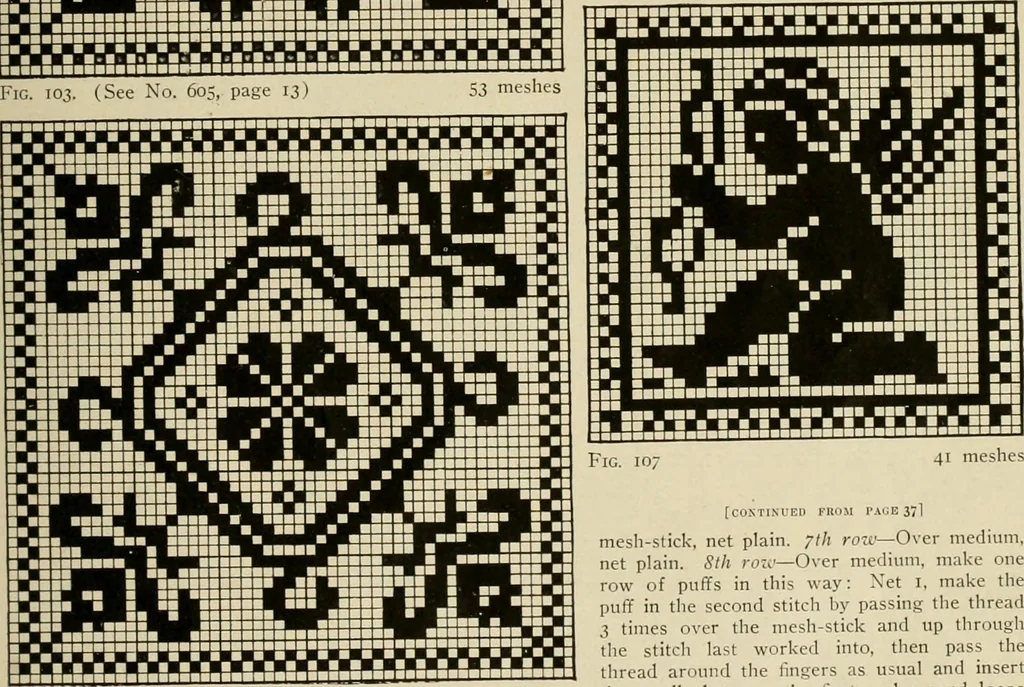 An illustration from The Priscilla netting book, containing full directions for making square and circular netting, and for the various stitches with which netting is ornamented, also a great number of finished pieces in the different varieties of netting and filet brodé, 1914, leaf 46