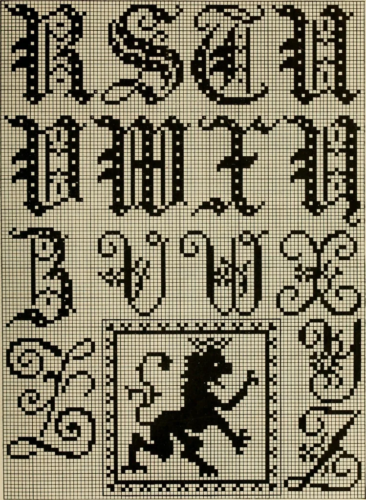 An illustration from The Priscilla netting book, containing full directions for making square and circular netting, and for the various stitches with which netting is ornamented, also a great number of finished pieces in the different varieties of netting and filet brodé, 1914, leaf 48