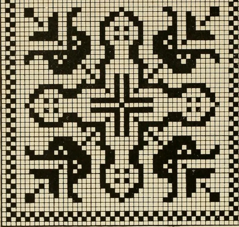 An illustration from The Priscilla netting book, containing full directions for making square and circular netting, and for the various stitches with which netting is ornamented, also a great number of finished pieces in the different varieties of netting and filet brodé, 1914, leaf 49