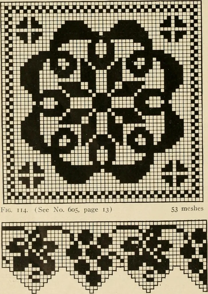 An illustration from The Priscilla netting book, containing full directions for making square and circular netting, and for the various stitches with which netting is ornamented, also a great number of finished pieces in the different varieties of netting and filet brodé, 1914, leaf 49