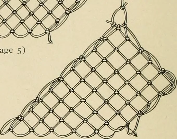 An illustration from The Priscilla netting book, containing full directions for making square and circular netting, and for the various stitches with which netting is ornamented, also a great number of finished pieces in the different varieties of netting and filet brodé, 1914, leaf 5