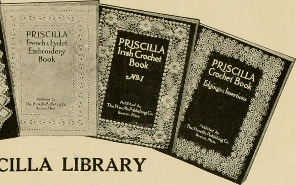 An illustration from The Priscilla netting book, containing full directions for making square and circular netting, and for the various stitches with which netting is ornamented, also a great number of finished pieces in the different varieties of netting and filet brodé, 1914, leaf 50