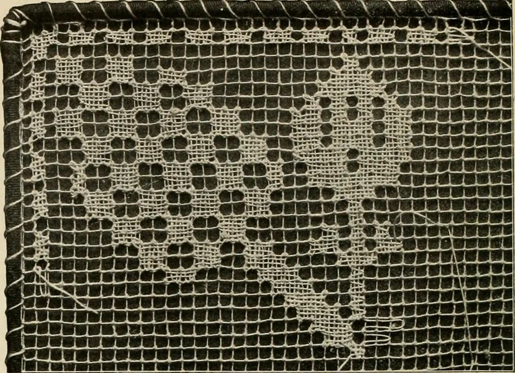 An illustration from The Priscilla netting book, containing full directions for making square and circular netting, and for the various stitches with which netting is ornamented, also a great number of finished pieces in the different varieties of netting and filet brodé, 1914, leaf 7