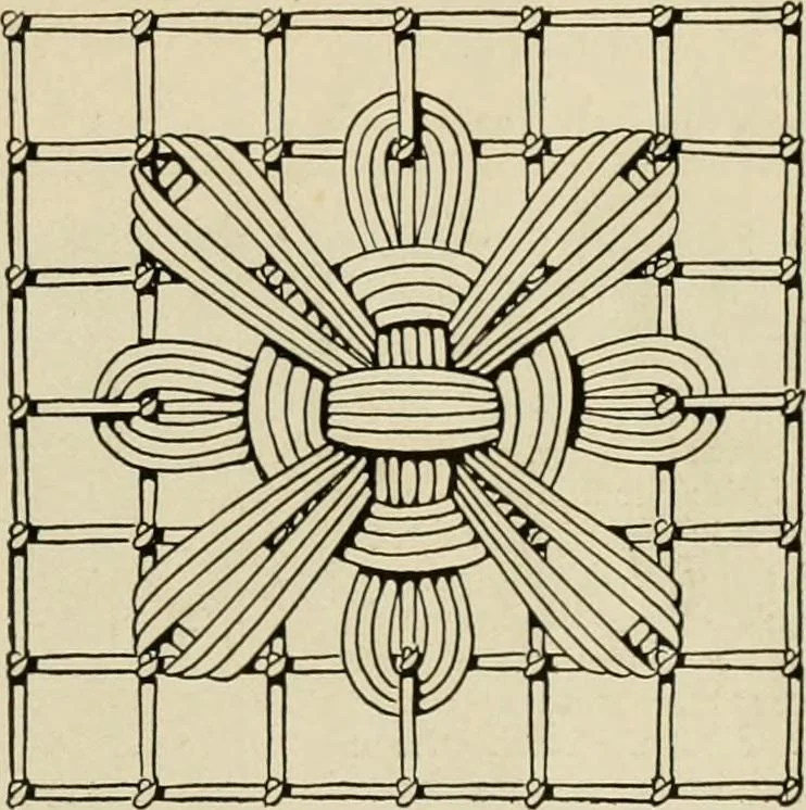 An illustration from The Priscilla netting book, containing full directions for making square and circular netting, and for the various stitches with which netting is ornamented, also a great number of finished pieces in the different varieties of netting and filet brodé, 1914, leaf 8