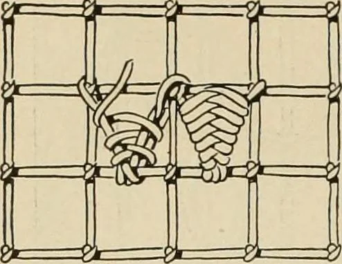 An illustration from The Priscilla netting book, containing full directions for making square and circular netting, and for the various stitches with which netting is ornamented, also a great number of finished pieces in the different varieties of netting and filet brodé, 1914, leaf 9