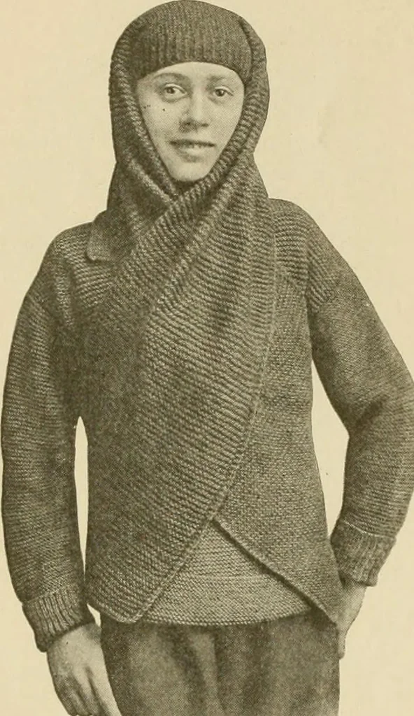 An illustration from The Priscilla war work book, including directions for knitted garments and comfort kits from the American Red cross, and knitted garments for the boy scout, 1917, leaf 31