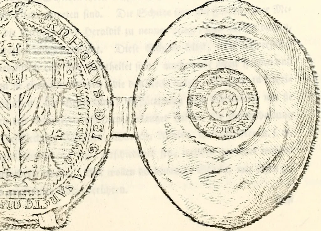 An illustration from Proben des hohen Teütschen Reichs Adels, oder, Sammlungen alter Denkmäler, Grabsteinen, Wappen, Inn- und Urschriften, u: d: nach ihrem wahren Urbilde aufgenommen unter offener Treüe bewähret und durch Anenbäume auch sonstige Nachrichten erkläret und erläuteret, 1775, leaf 228
