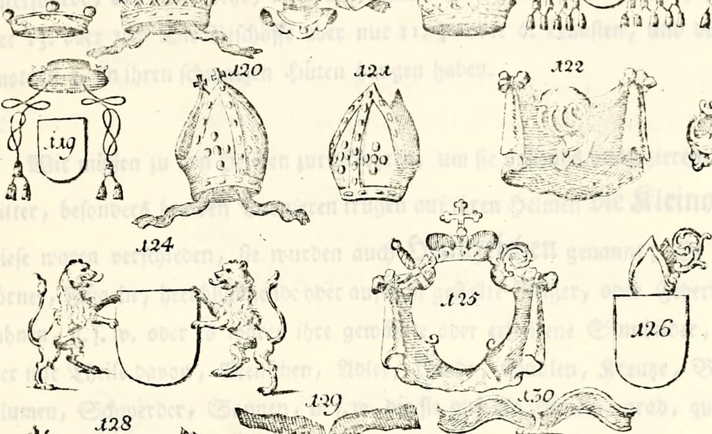 An illustration from Proben des hohen Teütschen Reichs Adels, oder, Sammlungen alter Denkmäler, Grabsteinen, Wappen, Inn- und Urschriften, u: d: nach ihrem wahren Urbilde aufgenommen unter offener Treüe bewähret und durch Anenbäume auch sonstige Nachrichten erkläret und erläuteret, 1775, leaf 244
