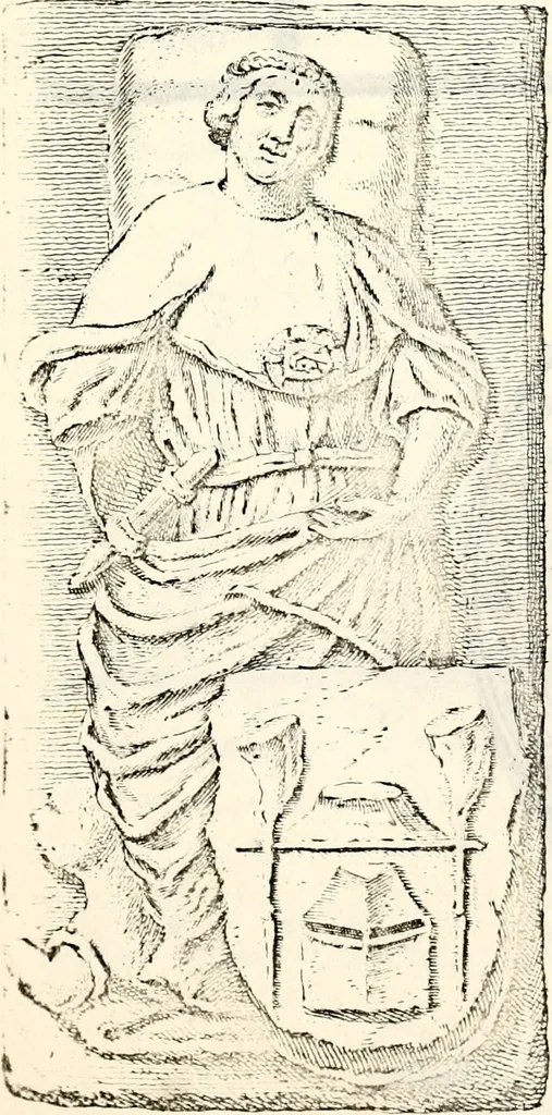 An illustration from Proben des hohen Teütschen Reichs Adels, oder, Sammlungen alter Denkmäler, Grabsteinen, Wappen, Inn- und Urschriften, u: d: nach ihrem wahren Urbilde aufgenommen unter offener Treüe bewähret und durch Anenbäume auch sonstige Nachrichten erkläret und erläuteret, 1775, leaf 258