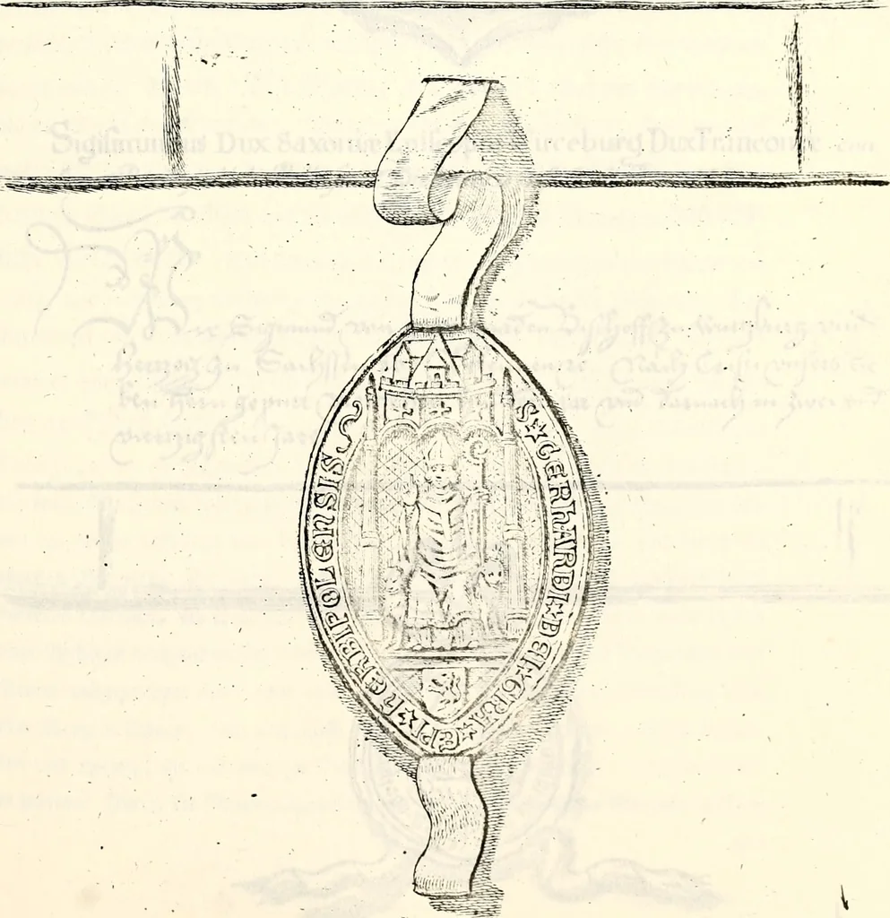 An illustration from Proben des hohen Teütschen Reichs Adels, oder, Sammlungen alter Denkmäler, Grabsteinen, Wappen, Inn- und Urschriften, u: d: nach ihrem wahren Urbilde aufgenommen unter offener Treüe bewähret und durch Anenbäume auch sonstige Nachrichten erkläret und erläuteret, 1775, leaf 260