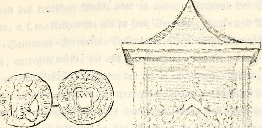 An illustration from Proben des hohen Teütschen Reichs Adels, oder, Sammlungen alter Denkmäler, Grabsteinen, Wappen, Inn- und Urschriften, u: d: nach ihrem wahren Urbilde aufgenommen unter offener Treüe bewähret und durch Anenbäume auch sonstige Nachrichten erkläret und erläuteret, 1775, leaf 262