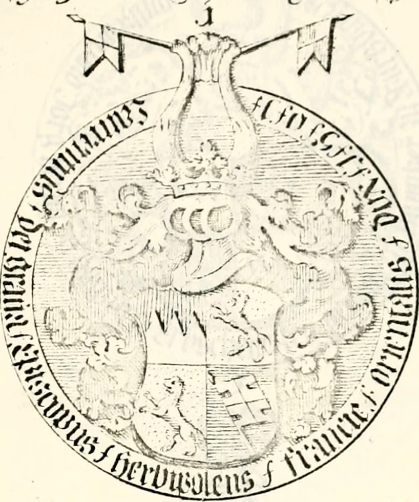 An illustration from Proben des hohen Teütschen Reichs Adels, oder, Sammlungen alter Denkmäler, Grabsteinen, Wappen, Inn- und Urschriften, u: d: nach ihrem wahren Urbilde aufgenommen unter offener Treüe bewähret und durch Anenbäume auch sonstige Nachrichten erkläret und erläuteret, 1775, leaf 344