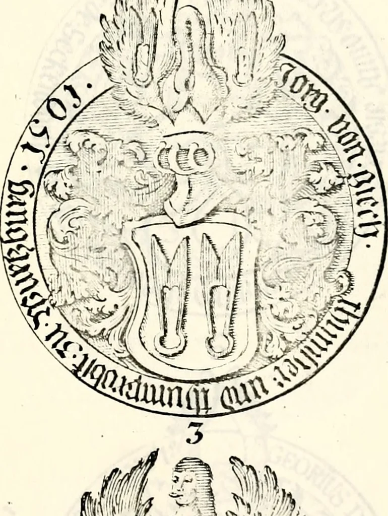 An illustration from Proben des hohen Teütschen Reichs Adels, oder, Sammlungen alter Denkmäler, Grabsteinen, Wappen, Inn- und Urschriften, u: d: nach ihrem wahren Urbilde aufgenommen unter offener Treüe bewähret und durch Anenbäume auch sonstige Nachrichten erkläret und erläuteret, 1775, leaf 344