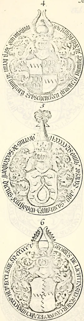 An illustration from Proben des hohen Teütschen Reichs Adels, oder, Sammlungen alter Denkmäler, Grabsteinen, Wappen, Inn- und Urschriften, u: d: nach ihrem wahren Urbilde aufgenommen unter offener Treüe bewähret und durch Anenbäume auch sonstige Nachrichten erkläret und erläuteret, 1775, leaf 346