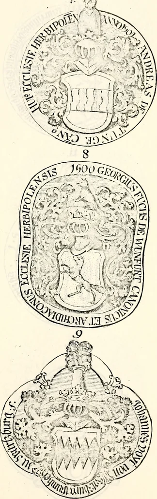 An illustration from Proben des hohen Teütschen Reichs Adels, oder, Sammlungen alter Denkmäler, Grabsteinen, Wappen, Inn- und Urschriften, u: d: nach ihrem wahren Urbilde aufgenommen unter offener Treüe bewähret und durch Anenbäume auch sonstige Nachrichten erkläret und erläuteret, 1775, leaf 348