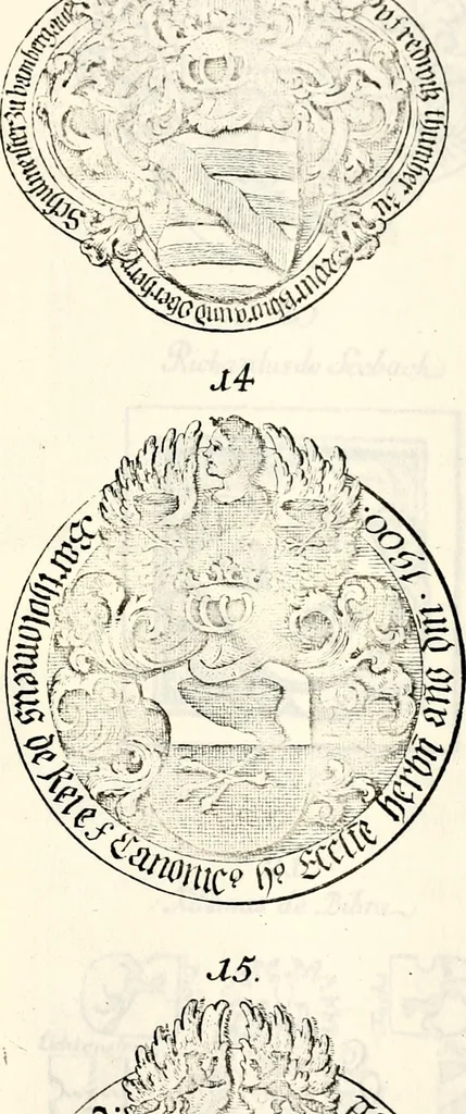 An illustration from Proben des hohen Teütschen Reichs Adels, oder, Sammlungen alter Denkmäler, Grabsteinen, Wappen, Inn- und Urschriften, u: d: nach ihrem wahren Urbilde aufgenommen unter offener Treüe bewähret und durch Anenbäume auch sonstige Nachrichten erkläret und erläuteret, 1775, leaf 354