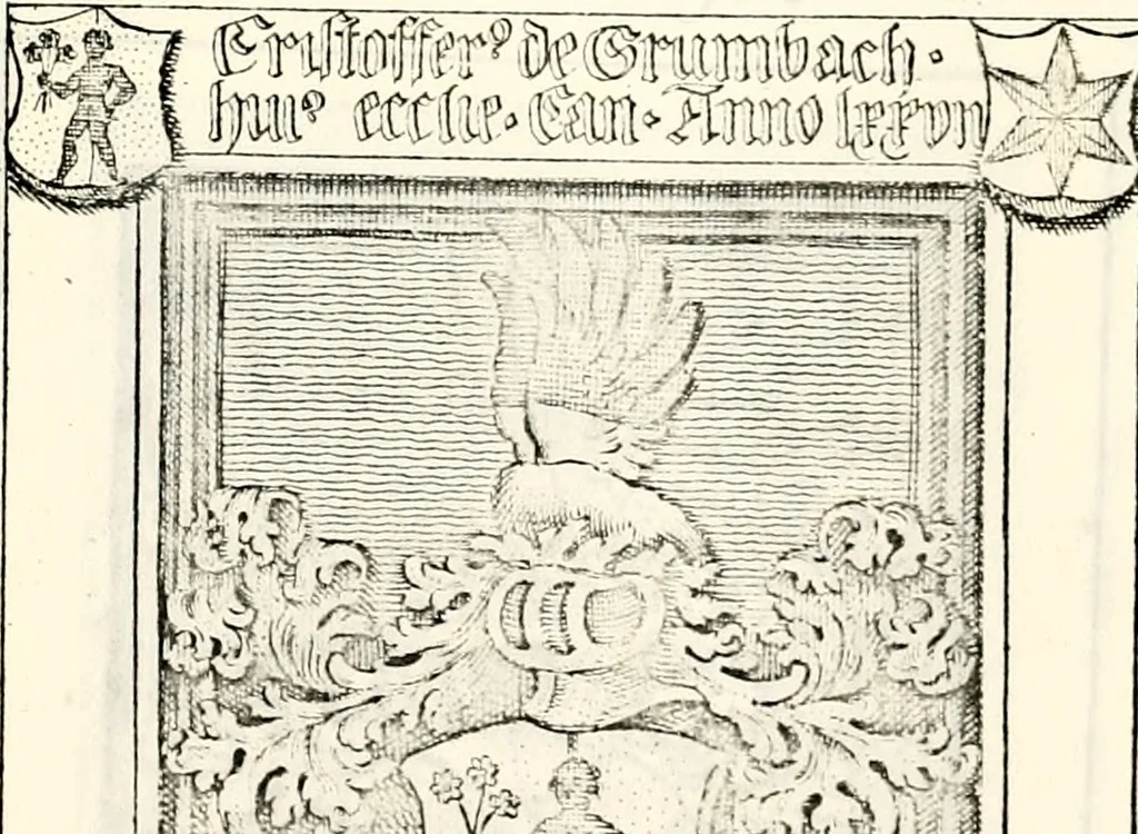 An illustration from Proben des hohen Teütschen Reichs Adels, oder, Sammlungen alter Denkmäler, Grabsteinen, Wappen, Inn- und Urschriften, u: d: nach ihrem wahren Urbilde aufgenommen unter offener Treüe bewähret und durch Anenbäume auch sonstige Nachrichten erkläret und erläuteret, 1775, leaf 358