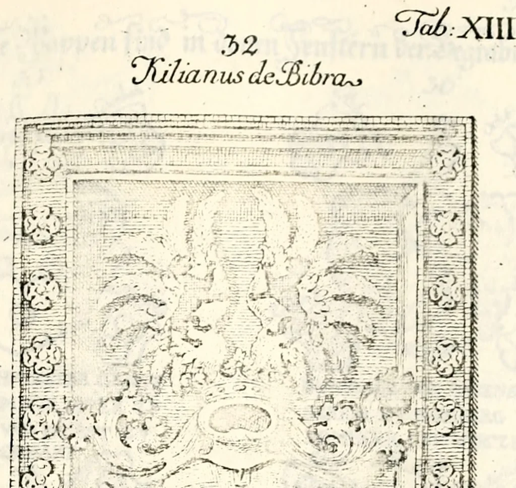 An illustration from Proben des hohen Teütschen Reichs Adels, oder, Sammlungen alter Denkmäler, Grabsteinen, Wappen, Inn- und Urschriften, u: d: nach ihrem wahren Urbilde aufgenommen unter offener Treüe bewähret und durch Anenbäume auch sonstige Nachrichten erkläret und erläuteret, 1775, leaf 368