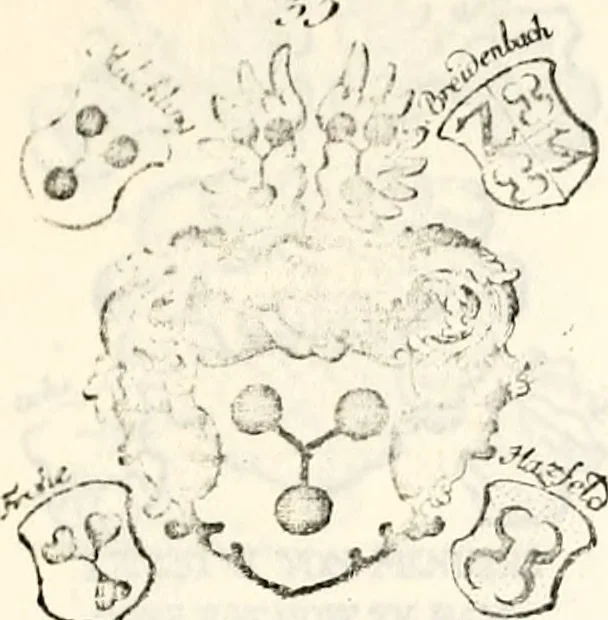 An illustration from Proben des hohen Teütschen Reichs Adels, oder, Sammlungen alter Denkmäler, Grabsteinen, Wappen, Inn- und Urschriften, u: d: nach ihrem wahren Urbilde aufgenommen unter offener Treüe bewähret und durch Anenbäume auch sonstige Nachrichten erkläret und erläuteret, 1775, leaf 370