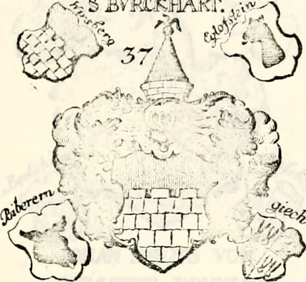 An illustration from Proben des hohen Teütschen Reichs Adels, oder, Sammlungen alter Denkmäler, Grabsteinen, Wappen, Inn- und Urschriften, u: d: nach ihrem wahren Urbilde aufgenommen unter offener Treüe bewähret und durch Anenbäume auch sonstige Nachrichten erkläret und erläuteret, 1775, leaf 370