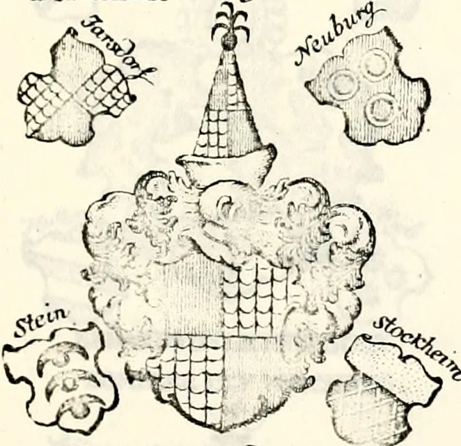 An illustration from Proben des hohen Teütschen Reichs Adels, oder, Sammlungen alter Denkmäler, Grabsteinen, Wappen, Inn- und Urschriften, u: d: nach ihrem wahren Urbilde aufgenommen unter offener Treüe bewähret und durch Anenbäume auch sonstige Nachrichten erkläret und erläuteret, 1775, leaf 370