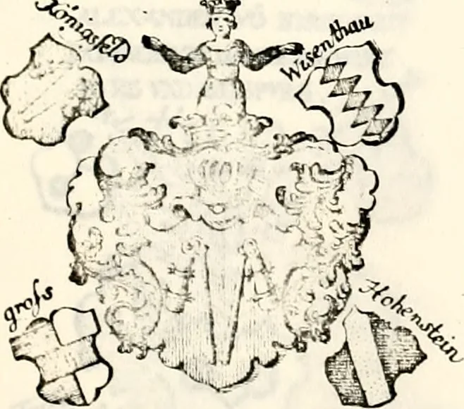 An illustration from Proben des hohen Teütschen Reichs Adels, oder, Sammlungen alter Denkmäler, Grabsteinen, Wappen, Inn- und Urschriften, u: d: nach ihrem wahren Urbilde aufgenommen unter offener Treüe bewähret und durch Anenbäume auch sonstige Nachrichten erkläret und erläuteret, 1775, leaf 372