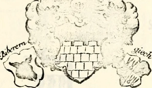 An illustration from Proben des hohen Teütschen Reichs Adels, oder, Sammlungen alter Denkmäler, Grabsteinen, Wappen, Inn- und Urschriften, u: d: nach ihrem wahren Urbilde aufgenommen unter offener Treüe bewähret und durch Anenbäume auch sonstige Nachrichten erkläret und erläuteret, 1775, leaf 374