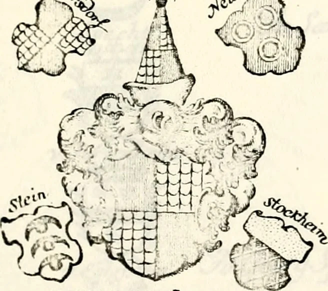 An illustration from Proben des hohen Teütschen Reichs Adels, oder, Sammlungen alter Denkmäler, Grabsteinen, Wappen, Inn- und Urschriften, u: d: nach ihrem wahren Urbilde aufgenommen unter offener Treüe bewähret und durch Anenbäume auch sonstige Nachrichten erkläret und erläuteret, 1775, leaf 374