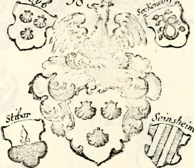 An illustration from Proben des hohen Teütschen Reichs Adels, oder, Sammlungen alter Denkmäler, Grabsteinen, Wappen, Inn- und Urschriften, u: d: nach ihrem wahren Urbilde aufgenommen unter offener Treüe bewähret und durch Anenbäume auch sonstige Nachrichten erkläret und erläuteret, 1775, leaf 374