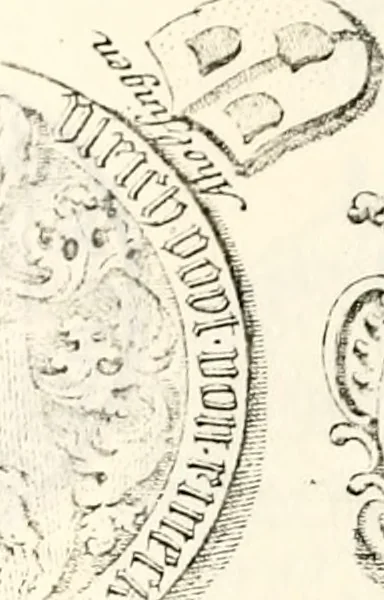 An illustration from Proben des hohen Teütschen Reichs Adels, oder, Sammlungen alter Denkmäler, Grabsteinen, Wappen, Inn- und Urschriften, u: d: nach ihrem wahren Urbilde aufgenommen unter offener Treüe bewähret und durch Anenbäume auch sonstige Nachrichten erkläret und erläuteret, 1775, leaf 376