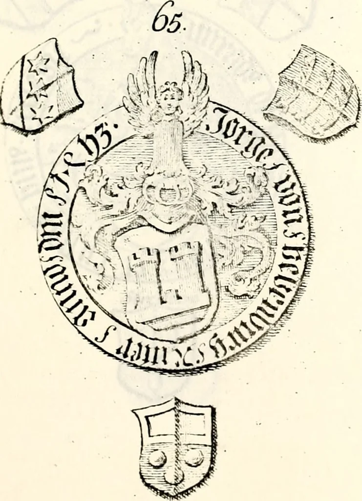 An illustration from Proben des hohen Teütschen Reichs Adels, oder, Sammlungen alter Denkmäler, Grabsteinen, Wappen, Inn- und Urschriften, u: d: nach ihrem wahren Urbilde aufgenommen unter offener Treüe bewähret und durch Anenbäume auch sonstige Nachrichten erkläret und erläuteret, 1775, leaf 378