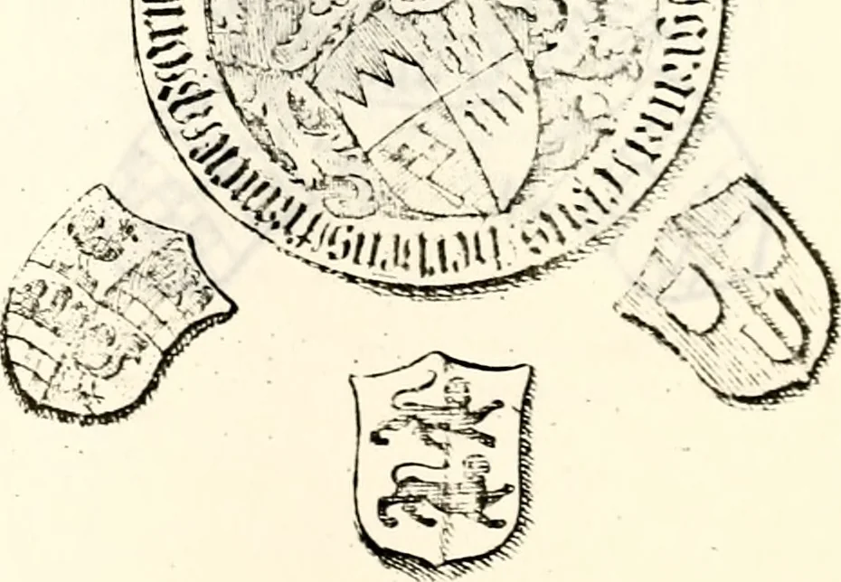 An illustration from Proben des hohen Teütschen Reichs Adels, oder, Sammlungen alter Denkmäler, Grabsteinen, Wappen, Inn- und Urschriften, u: d: nach ihrem wahren Urbilde aufgenommen unter offener Treüe bewähret und durch Anenbäume auch sonstige Nachrichten erkläret und erläuteret, 1775, leaf 378
