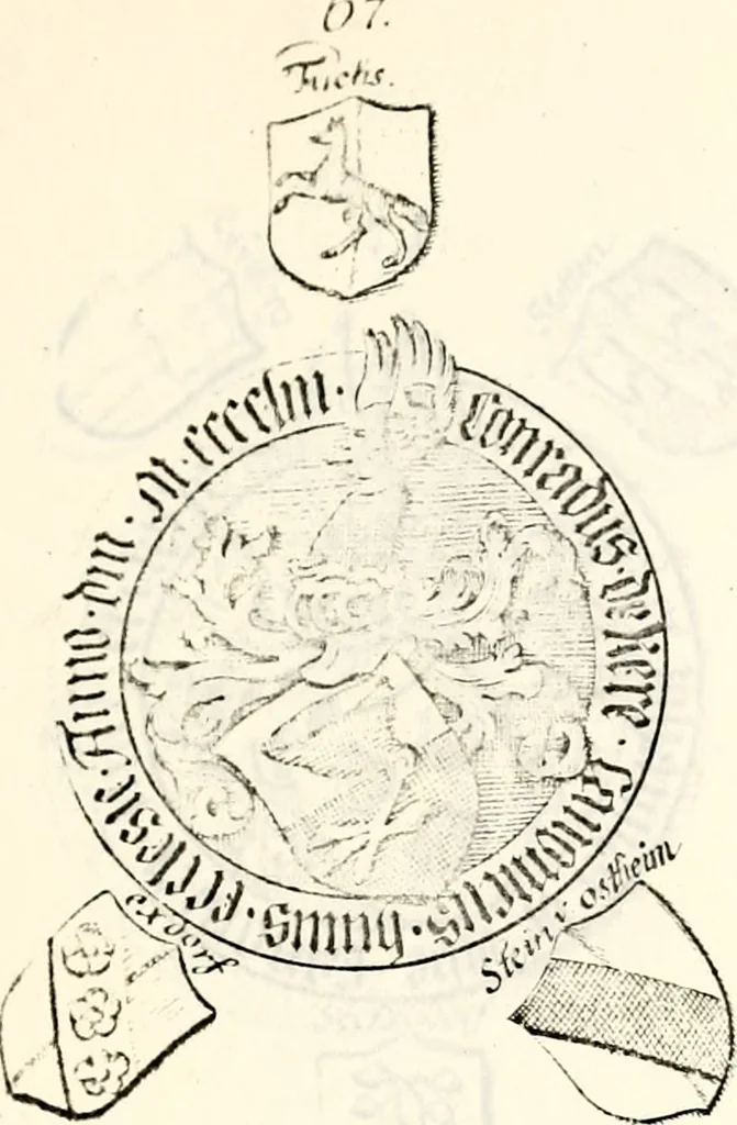 An illustration from Proben des hohen Teütschen Reichs Adels, oder, Sammlungen alter Denkmäler, Grabsteinen, Wappen, Inn- und Urschriften, u: d: nach ihrem wahren Urbilde aufgenommen unter offener Treüe bewähret und durch Anenbäume auch sonstige Nachrichten erkläret und erläuteret, 1775, leaf 380