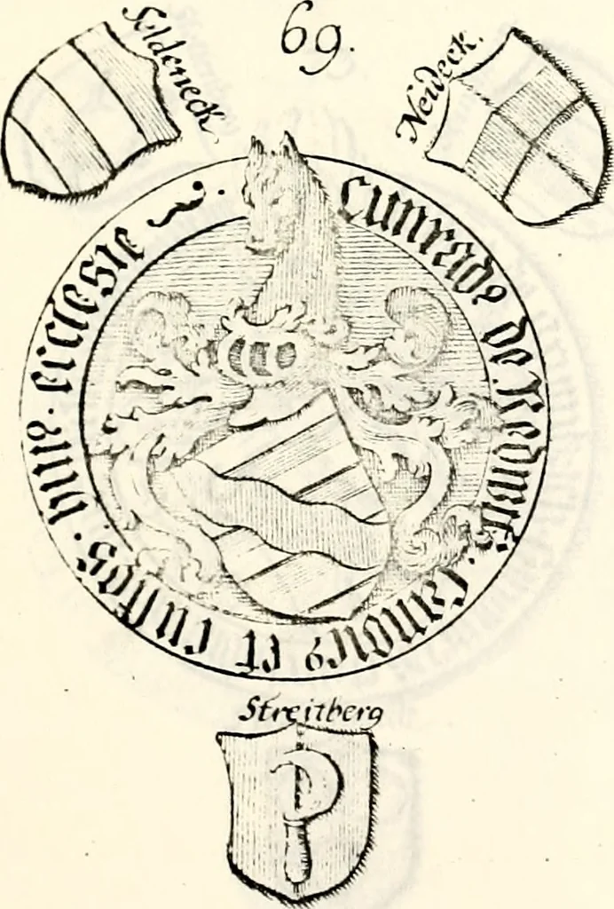 An illustration from Proben des hohen Teütschen Reichs Adels, oder, Sammlungen alter Denkmäler, Grabsteinen, Wappen, Inn- und Urschriften, u: d: nach ihrem wahren Urbilde aufgenommen unter offener Treüe bewähret und durch Anenbäume auch sonstige Nachrichten erkläret und erläuteret, 1775, leaf 380