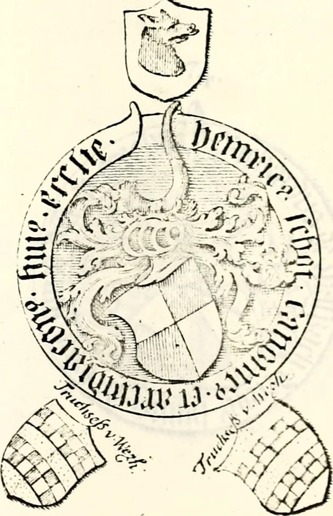 An illustration from Proben des hohen Teütschen Reichs Adels, oder, Sammlungen alter Denkmäler, Grabsteinen, Wappen, Inn- und Urschriften, u: d: nach ihrem wahren Urbilde aufgenommen unter offener Treüe bewähret und durch Anenbäume auch sonstige Nachrichten erkläret und erläuteret, 1775, leaf 380