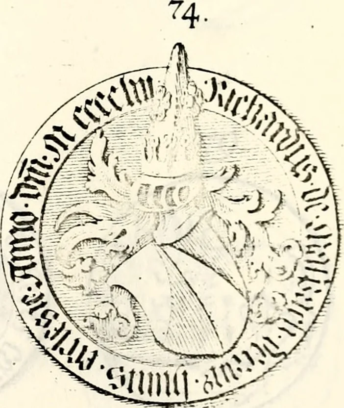 An illustration from Proben des hohen Teütschen Reichs Adels, oder, Sammlungen alter Denkmäler, Grabsteinen, Wappen, Inn- und Urschriften, u: d: nach ihrem wahren Urbilde aufgenommen unter offener Treüe bewähret und durch Anenbäume auch sonstige Nachrichten erkläret und erläuteret, 1775, leaf 382