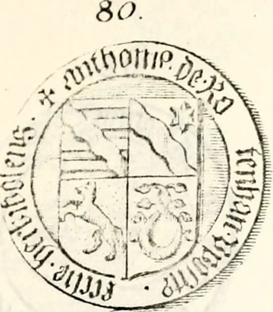An illustration from Proben des hohen Teütschen Reichs Adels, oder, Sammlungen alter Denkmäler, Grabsteinen, Wappen, Inn- und Urschriften, u: d: nach ihrem wahren Urbilde aufgenommen unter offener Treüe bewähret und durch Anenbäume auch sonstige Nachrichten erkläret und erläuteret, 1775, leaf 386