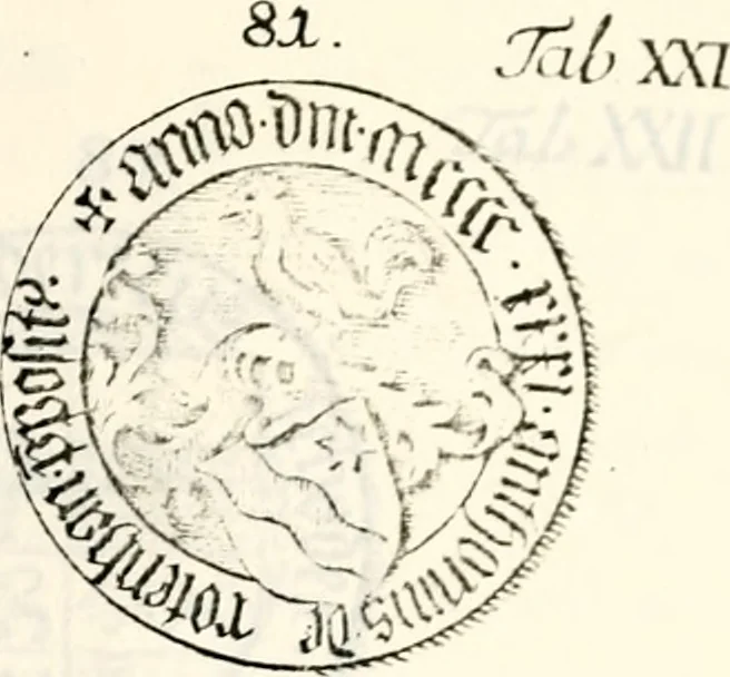 An illustration from Proben des hohen Teütschen Reichs Adels, oder, Sammlungen alter Denkmäler, Grabsteinen, Wappen, Inn- und Urschriften, u: d: nach ihrem wahren Urbilde aufgenommen unter offener Treüe bewähret und durch Anenbäume auch sonstige Nachrichten erkläret und erläuteret, 1775, leaf 386