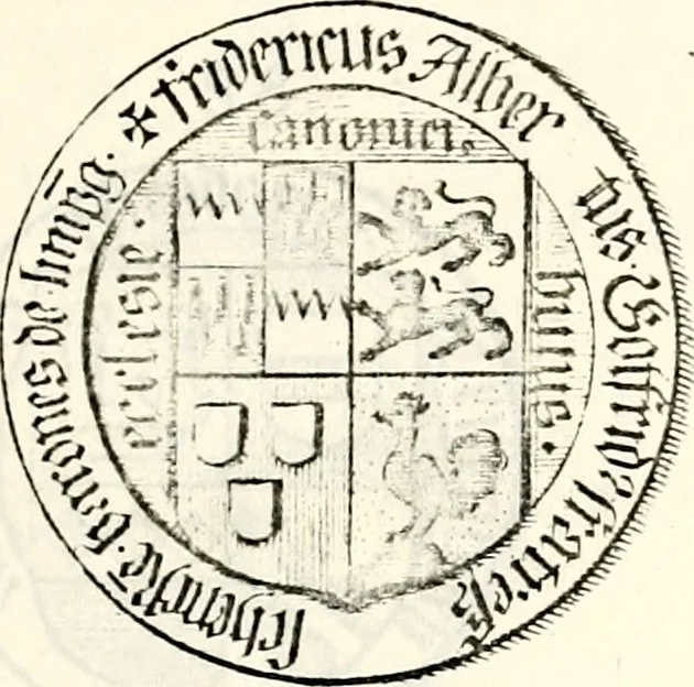An illustration from Proben des hohen Teütschen Reichs Adels, oder, Sammlungen alter Denkmäler, Grabsteinen, Wappen, Inn- und Urschriften, u: d: nach ihrem wahren Urbilde aufgenommen unter offener Treüe bewähret und durch Anenbäume auch sonstige Nachrichten erkläret und erläuteret, 1775, leaf 386