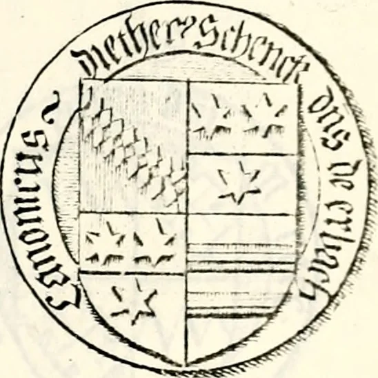 An illustration from Proben des hohen Teütschen Reichs Adels, oder, Sammlungen alter Denkmäler, Grabsteinen, Wappen, Inn- und Urschriften, u: d: nach ihrem wahren Urbilde aufgenommen unter offener Treüe bewähret und durch Anenbäume auch sonstige Nachrichten erkläret und erläuteret, 1775, leaf 386