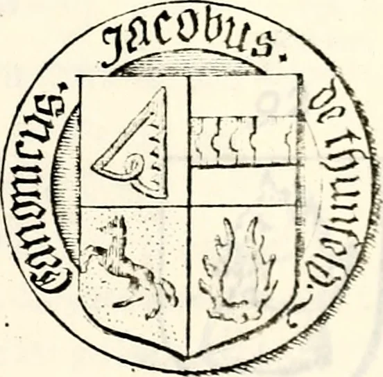 An illustration from Proben des hohen Teütschen Reichs Adels, oder, Sammlungen alter Denkmäler, Grabsteinen, Wappen, Inn- und Urschriften, u: d: nach ihrem wahren Urbilde aufgenommen unter offener Treüe bewähret und durch Anenbäume auch sonstige Nachrichten erkläret und erläuteret, 1775, leaf 386