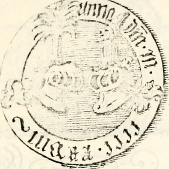 An illustration from Proben des hohen Teütschen Reichs Adels, oder, Sammlungen alter Denkmäler, Grabsteinen, Wappen, Inn- und Urschriften, u: d: nach ihrem wahren Urbilde aufgenommen unter offener Treüe bewähret und durch Anenbäume auch sonstige Nachrichten erkläret und erläuteret, 1775, leaf 388