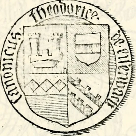 An illustration from Proben des hohen Teütschen Reichs Adels, oder, Sammlungen alter Denkmäler, Grabsteinen, Wappen, Inn- und Urschriften, u: d: nach ihrem wahren Urbilde aufgenommen unter offener Treüe bewähret und durch Anenbäume auch sonstige Nachrichten erkläret und erläuteret, 1775, leaf 388